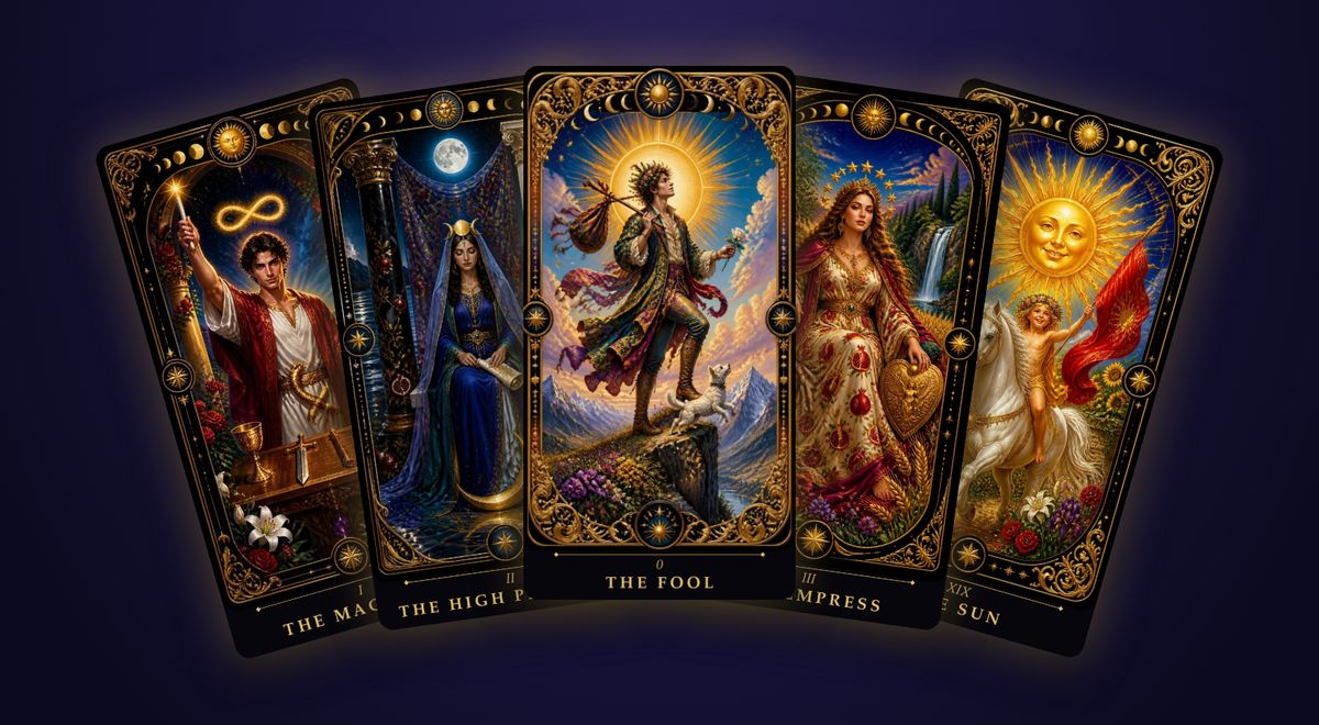 Five illustrated tarot cards fanned out