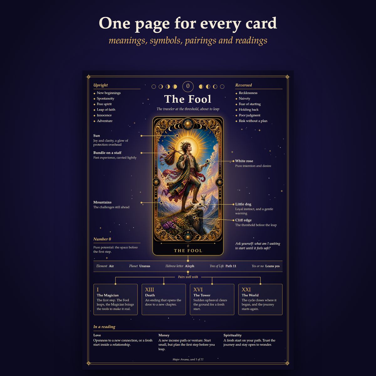 A study page for The Fool, with meanings and symbol callouts around the card