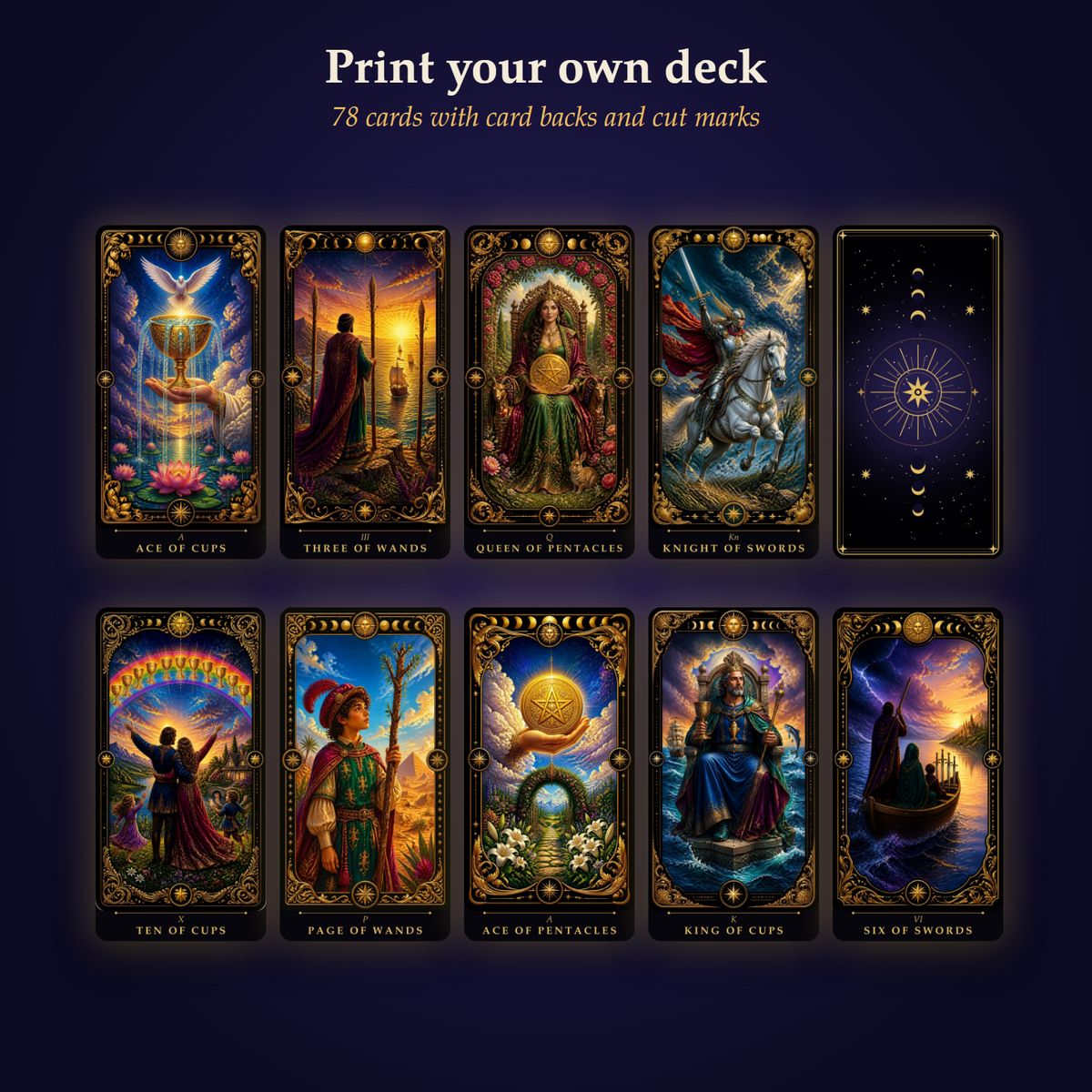 Printed tarot cards with gold card backs